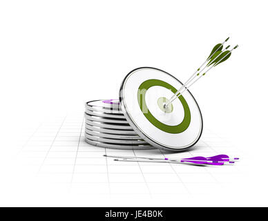 Many targets on the floor and on green target and three arrows in the center, concept of business objectives Stock Photo