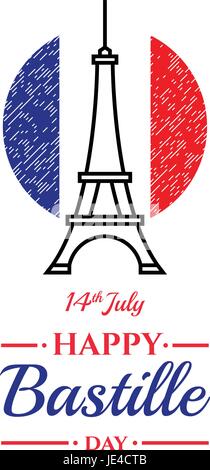 Happy Bastille day, 14th July. French national holiday, vector design element suitable for banner or poster. Linear abstract illustration of the Eiffe Stock Vector