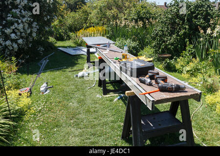 Work tools in an East Sussex garden used on a DIY project Stock Photo