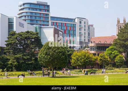 Bournemouth Lower Gardens with Odeon cinema and the Real Greek in the new BH2 complex with the Hilton hotel in the distance at Bournemouth in June Stock Photo