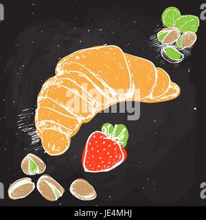 Croissant hand draw vector illustration with pistachio, strawberry. Croissand on black chalk board Stock Vector