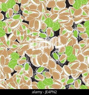 Pistachio hand draw seamless background. Pistachio nuts pattern on black chalk board. Stock Vector