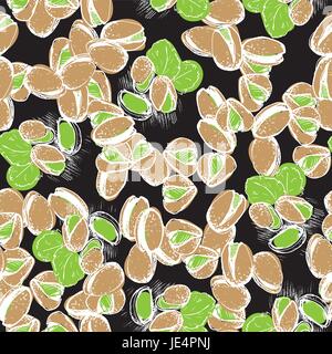 Pistachio hand draw seamless background. Pistachio nuts pattern on black chalk board. Stock Vector