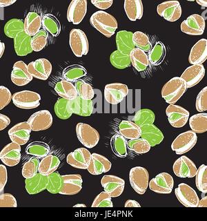 Pistachio hand draw seamless background. Pistachio nuts pattern on black chalk board. Stock Vector