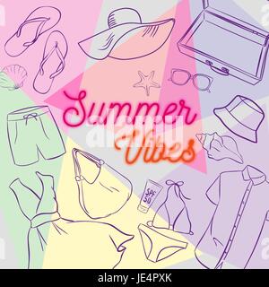 Illustrations of summer clothes and accessories. Summer vibes. Stock Vector