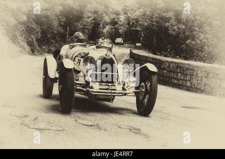 GOLA DEL FURLO, ITALY - MAY 19: BUGATTI Type 35 A 1926 on an old racing car in rally Mille Miglia 2017 the famous italian historical race (1927-1957) Stock Photo
