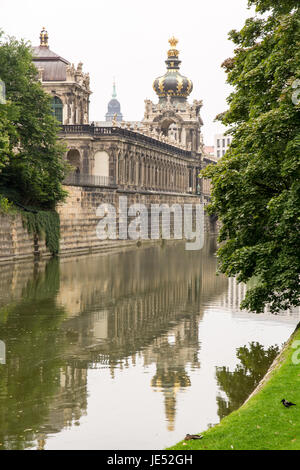 DRESDEN, GERMANY - SEPTEMBER 4: The Zwinger palace in Dresden, Germany on September 4, 2014. By 1963 the Zwinger had largely been restored after it was completely destroyed 1945. Foto taken from Zwingerteich. Stock Photo