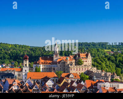 Sigmaringen Castle and church of St. John Evangelist, historic centre of Sigmaringen, Upper Swabia, Swabia, Baden-Württemberg, Germany, Europe Stock Photo