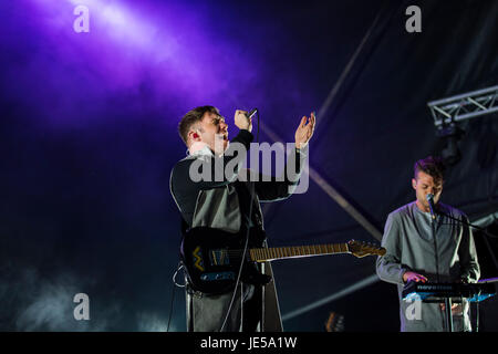 Thornhill, Scotland, UK - August 27, 2016: English indie rock band, Everything Everything, performing live on the main stage during day two of the Ele Stock Photo