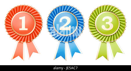 Set of winning awards, medals or badges with ribbons. 3D rendering Stock Photo