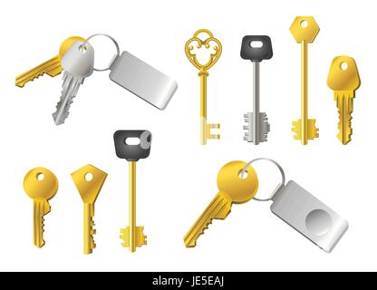 Keys - realistic modern vector set of different shape objects. White background. Use this quality clip art elements for your design. Silver and golden Stock Vector