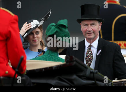 Princess Beatrice of York and Vice Admiral Sir Timothy Laurence arriving during day three of Royal Ascot at Ascot Racecourse. Stock Photo