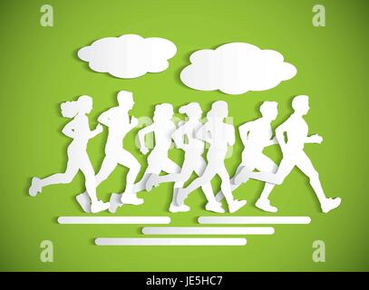 Flat running people sport maraphone cutout silhouette. Stock Vector