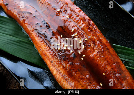 Japanese eel grilled or Unagi ibaraki set on plate in Japanese style with studio lighting. Stock Photo