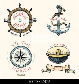 set of engraved vintage, hand drawn, old, labels or badges for anchor, steering wheel, captains cap, compass. Marine and nautical or sea, ocean emblems. always home. Stock Vector
