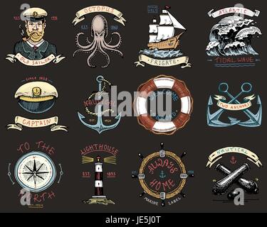 set of engraved vintage, hand drawn, old, labels or badges for anchor, steering wheel, captains cap, compass. Marine and nautical or sea, ocean emblems. always home. Stock Vector