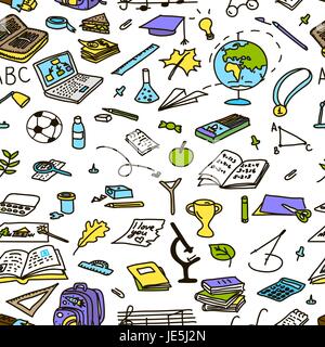 back to school hand drawn seamless pattern in color, sketch, doodle, vector objects isolated on white. eraser, globe, glue, goggles, graduate, lamp, l Stock Vector