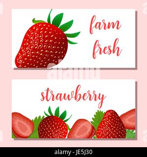 Set of two vector card with colorful strawberries.Design for dessert menu with strawberry, natural cosmetics, body care products. Place for text Stock Vector