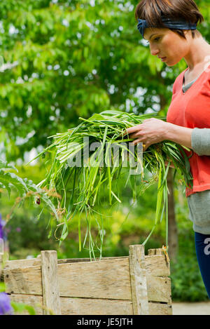 Woman putting garden waste in brown recycling bin Stock 