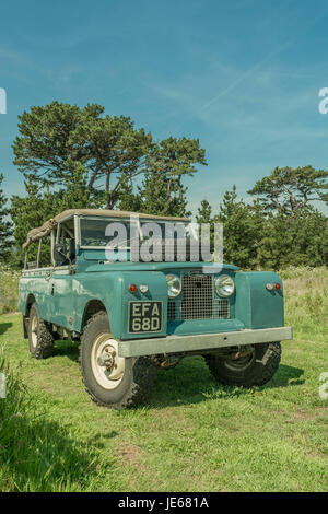 Exterior of a Classic Land Rover model (specifically a Series 2a 109). Stock Photo