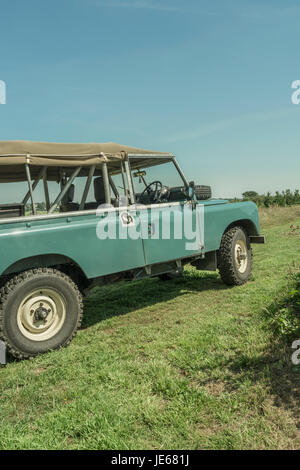 Exterior of a Classic Land Rover model (specifically a Series 2a 109). Stock Photo