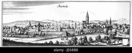 Auerbach is a town in Germany known for its historic significance. Merian's depiction of the town highlights its buildings and landscape during the 17th century, showcasing its historical features. Stock Photo