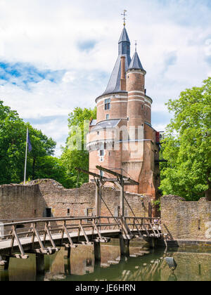 Bridge over moat and Burgundian tower of Duurstede castle in Wijk bij Duurstede in province Utrecht, Netherlands Stock Photo