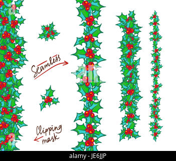 Holly borders and garlands. hand drawn background, design element for Christmas and New Year greeting card or banner. Holly with berry, isolated on wh Stock Photo
