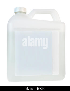 Opaque white liquid container with blank label. Copy space. Stock Photo