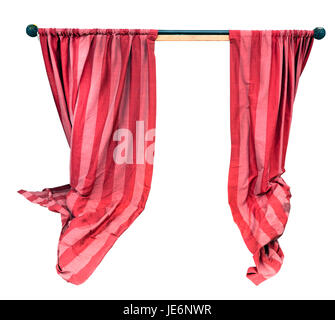 Pink and red homemade puppet show curtain on rod. Isolated. Stock Photo