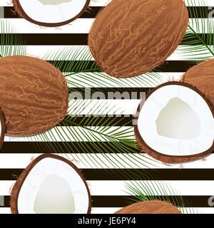 Seamless vector summer pattern with coconut and palm leaves on black striped background Stock Vector