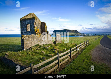 Australia, Tasmania, Stanley, view, Godfreys Beach, volcano cone, 'the groove', ruin, adjoining building, Highfield Houses, Stock Photo