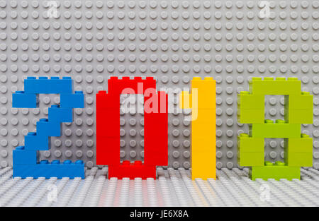 Tambov, Russian Federation - June 17, 2017 New year 2018 concept by Lego. Studio shot. Stock Photo