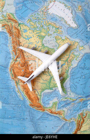 Airplane on a map of the USA, North America, Canada, Stock Photo