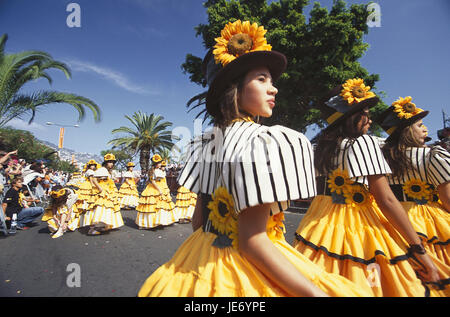 Portugal, Madeira, Funchal, Festa there Flor, dance group, island capital, island, flower feast, flower save, save, person, women, costumes, clothes, sunflowers, attraction, place of interest, destination, tourism, Stock Photo