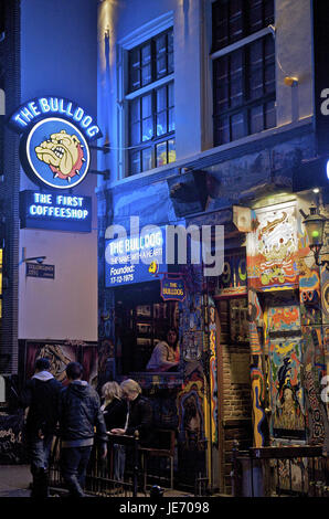 Holland, the Netherlands, Amsterdam tourists before the coffee shop, The Bulldog, Stock Photo