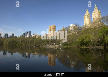 The USA, America, New York, Manhattan, Central park, high rises are reflected in the lake, Stock Photo