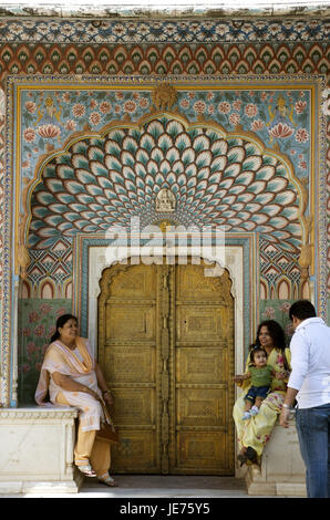 India, Rajasthan, Jaipur, town palace, Pitam Niwas, autumn gate, decorates with peacock butterflies, Stock Photo