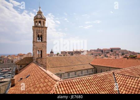 Bell tower of the Dominican monastery and museum overlooking the medieval city of Dubrovnik in Croatia
