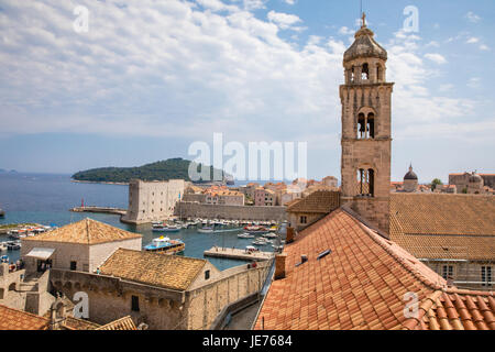Bell tower of the Dominican monastery and museum overlooking the medieval city of Dubrovnik in Croatia