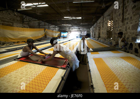 India, Rajasthan, Jaipur, Sanganer, textile factory, sari production, Stock Photo