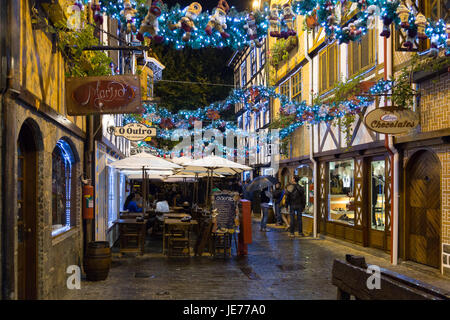 Pedestrian street scene, Swiss and German style European architecture, colourful Christmas decorations at Boulevard Geneve, Capivari, Campos do Jordao Stock Photo