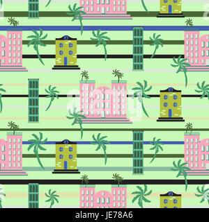Hawaii resort buildings seamless vector pattern. Stock Vector