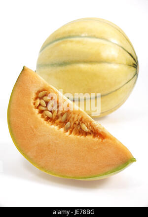 Yellow Canary honeydew melons, also yellow honeydew melon, Amarillo, Tendral Amarillo, sugar melon, Cucumis Melo, white background, Stock Photo