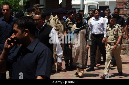 Srinagar, Kashmir. 23rd June, 2017. Jammu and Kashmir Chief Minister Mehbooba Mufti arrive at District police lines.during the Wreath laying ceremony of Deputy SP Mohammed Ayub Pandith of Security beaten to death by mob.He was allegedly clicking pictures of people while they were coming out of the mosque. They said people tried to catch Pandit who allegedly fired several shots from his pistol, injuring three persons.on the eve of Muslims across Kashmir are observing Shab-e-Qadr (the night).outside the Grand mosque in down town area of srinagar. Credit: Sofi Suhail/Alamy Live News Stock Photo