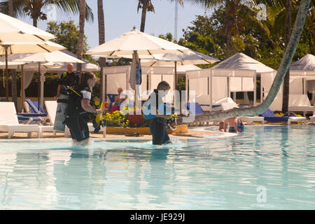 Diving instructors in the pool of Hotel Melia Cayo Coco, Cayo Coco, Cuba Stock Photo