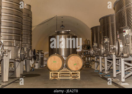 stainless steel fermentation tanks, fermentation tanks, fermentation area, Failla Winery, Saint Helena, Napa Valley, Napa County, California Stock Photo