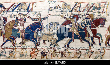 Scene 55 from the Bayeux Tapestry depicts William the Conqueror lifting ...