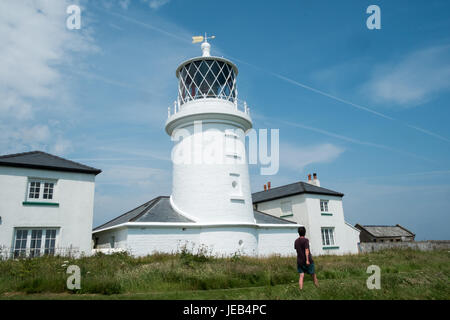 White,Lighthouse,hiking,Caldey,Caldy,Island,Caldey Island,monastic,monastery,Cistercian,monks,off,Tenby,Pembrokeshire,West,Wales,U.K.,U.K.,GB,Europe, Stock Photo