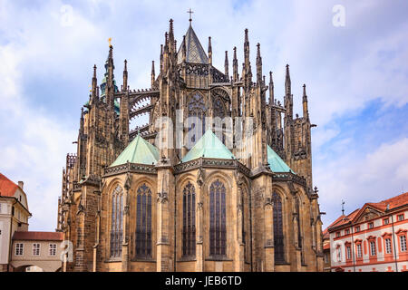 St. Vitus Cathedral in Prague, This is an excellent example of Gothic architecture and is the biggest and most important church in the Czech country Stock Photo